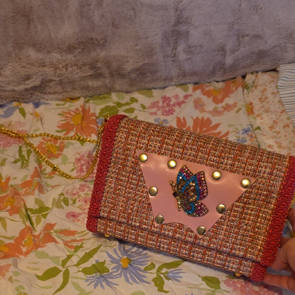 Multicolor Tweed Butterfly Accent Chain Shoulder Bag - Unbranded